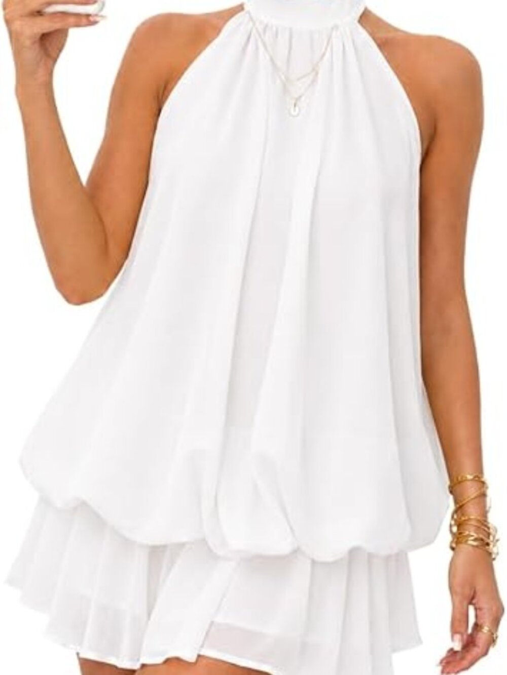 Chiffon Halter Mini Dress Drop Waist Ruffle White NWOT Medium